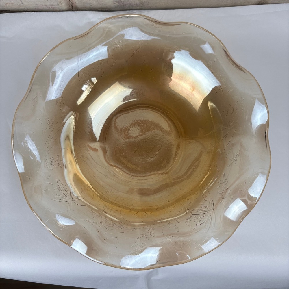 Vintage Amber Carnival Glass‎ Bowl — Raised Floral Pressed Pattern Scrolled Edge